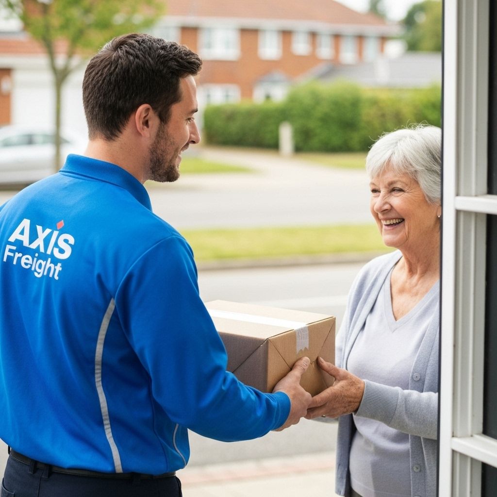 Axis Freight employee in branded uniform delivering package to happy customer
