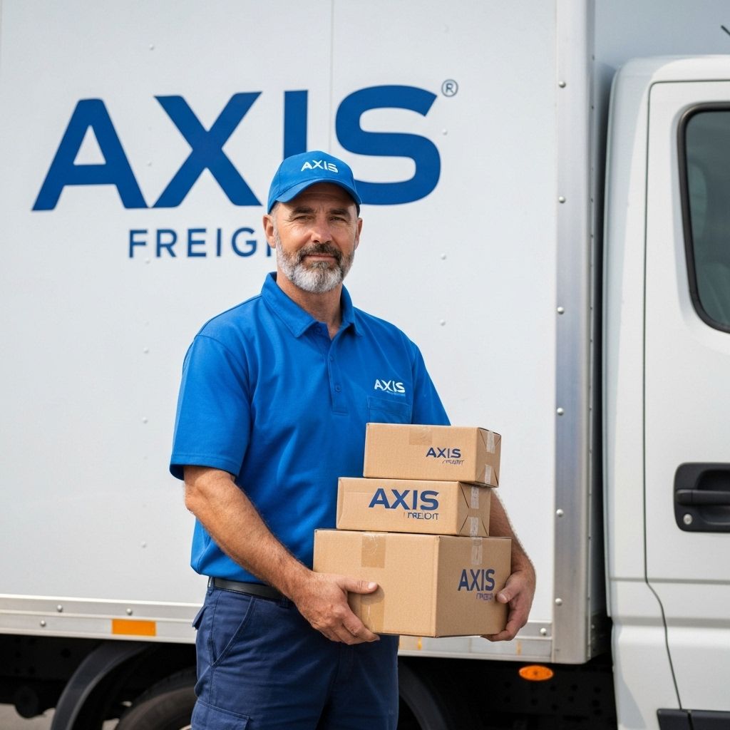Axis Freight delivery employee with branded truck and packages